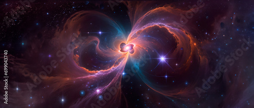 Representação abstrata da quarta dimensão. Papel de parede de galáxias, energias e poeira cósmica convergindo num buraco negro..