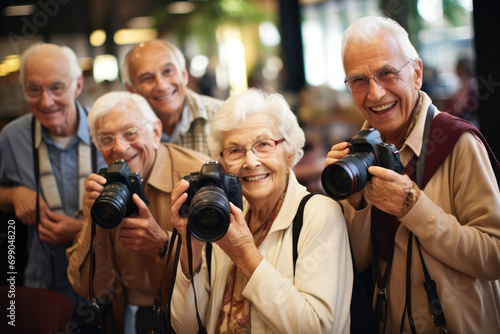 Group Of Active Seniors Taking Photography Class, Using Dslr Cameras Ultrarealistic