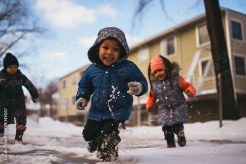 Kids Playing In Slushy Puddles Near Snowy Playground