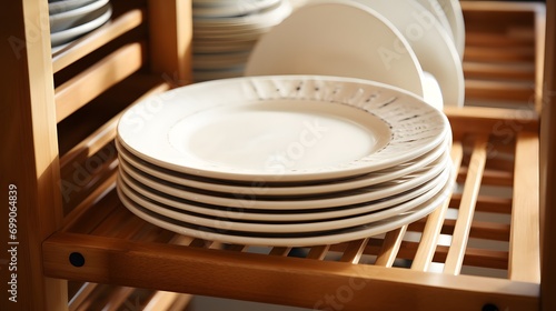 Empty white plates stand in a wooden dish rack. Dishes assortment.