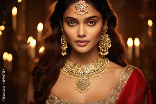 Beautiful indian woman wearing traditional gold jewelery