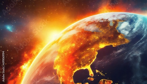 planeta Terra pegando fogo no espaço, aquecimento global, cataclisma, armagedon, fim dos tempos, bíblico