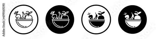 Healthy food icon set. fresh vegetarian vegetable bowl vector symbol. fruit grocery. diet salad icon in black filled and outlined style.