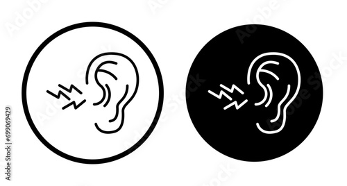 Tinnitus awareness icon set. human ear unclear sound vector symbol in black filled and outlined style.