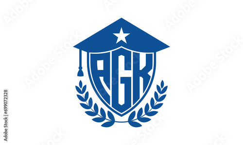 AGK three letter iconic academic logo design vector template. monogram, abstract, school, college, university, graduation cap symbol logo, shield, model, institute, educational, coaching canter, tech