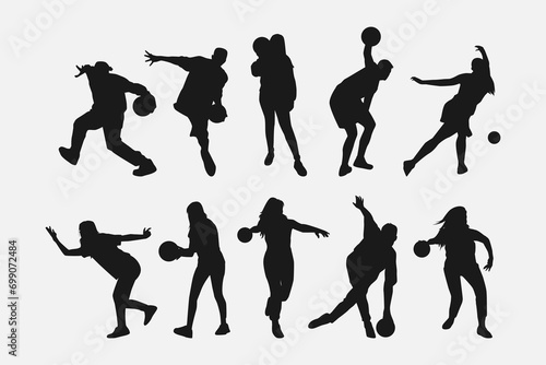 set of silhouettes of bowling player, bowler. sport, hobby, active concept. vector illustration.