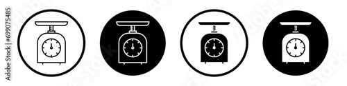 Kitchen scales vector icon set in black filled and outlined style.