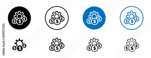 Costs optimization line icon set. Effective cost control line sign. Production dollar saving line sign. Expense optimization line icon in black and blue color.