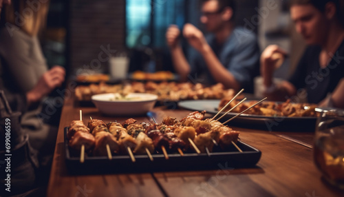 Men grilling meat on a skewer for a barbecue meal generated by AI