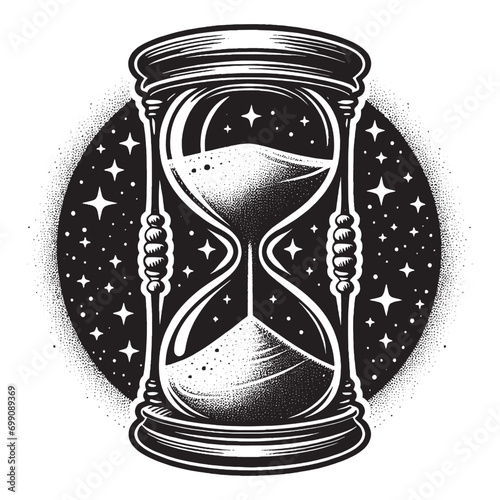 Old hourglass and stars. Vintage black engraving illustration, logo, emblem 