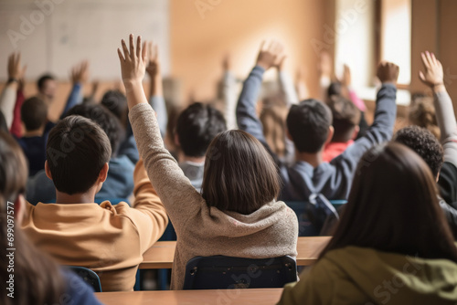 school student raising their hands at classroom