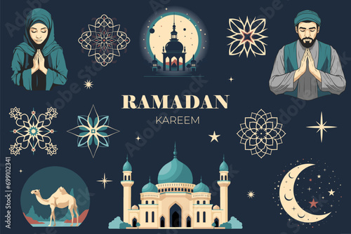 Vector islamic ramadan design. Set of ramadan elements. Arabic elements for Greetings. Prayer, mosque, camel