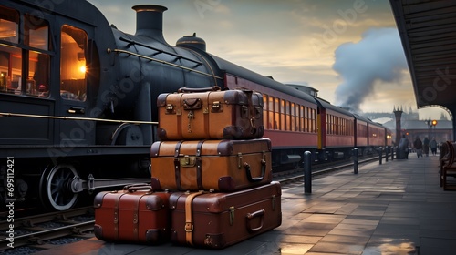 Vintage train arriving to platform with stack of luggage. 