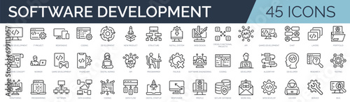 Set of 45 outline icons related to software development. Linear icon collection. Editable stroke. Vector illustration