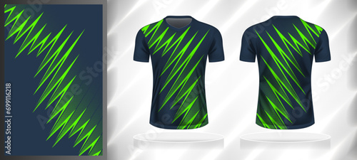 Vector sport pattern design template for V-neck T-shirt front and back with short sleeve view mockup. Shades of blue-green color abstract geometric line texture background illustration.