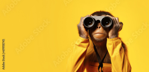 A cheerful monkey looks through binoculars on a yellow background