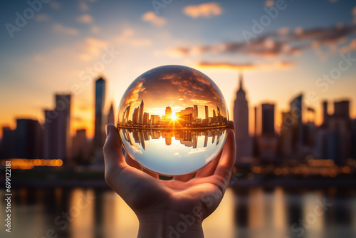 Glass orb capturing the view of a city landscape