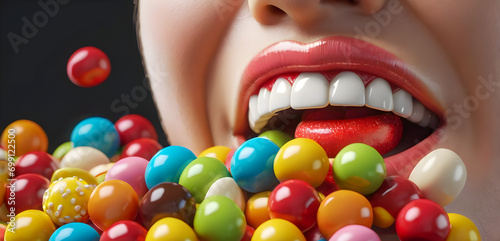 Close up of a woman's mouth surrounded by various candies and chocolates. Generative Ai 