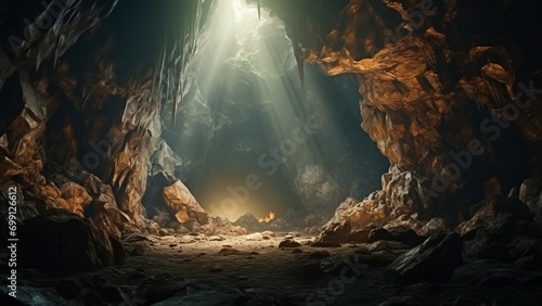 Landscape view of a great cave in the warm and golden light of sunset, cinematic view.