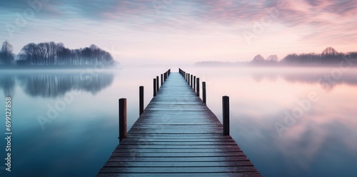  a wooden pier over a calm lake during sunrise
