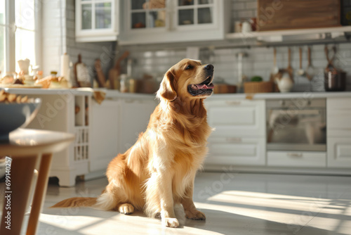 An adult obedient fluffy golden retriever sits in the kitchen waiting for his lunch