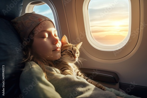 A young beautiful woman sleeps near an airplane window hugging a cat during a flight. A tired girl dozes on an airplane with a view of the sunset, dawn.
