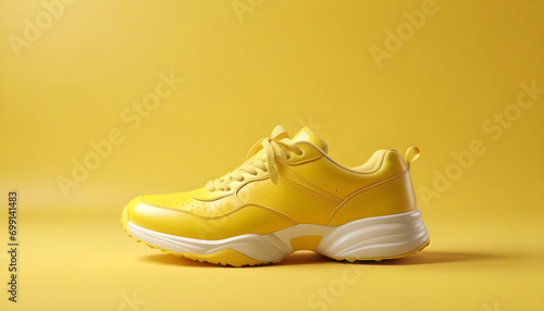 illustration of sport sneaker shoes banner for footwear commercials and retail offers on isolated yellow background with copy space created with generative ai 