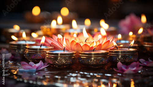 Burning candle illuminates tranquil ceremony, symbolizing love and spirituality generated by AI