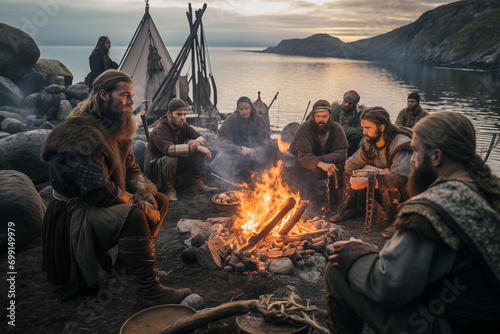 Group of vikings sitting together nearly bonfire. Generative AI