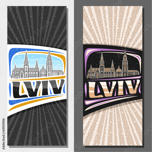 Vector vertical layouts for Lviv, decorative leaflet with outline illustration of european lviv city scape on day and dusk sky background, art design tourist card with unique lettering for text lviv