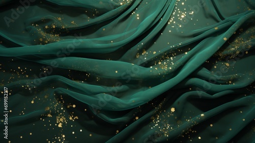 glamour pattern of tiny gold flecks and sheer fabric green floating, luxury, copy space, 16:9