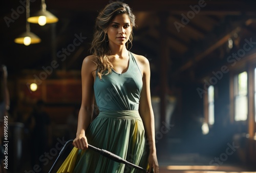 Mysterious Woman in Green and Gray Dress Holding an Item in Spacious Room