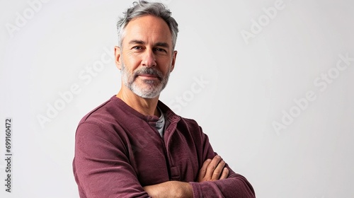 Confident caucasian middle-aged man in casual clothes with his arms crossed isolated over white background