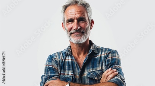 Confident caucasian middle-aged man in casual clothes with his arms crossed isolated over white background