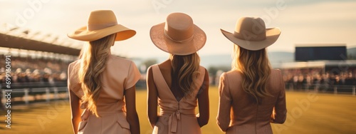 Three young girls dressed fashion dresses, friends, stand in stands and cheer for horses they have just bet on.