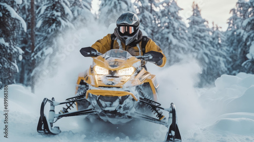 A man is riding a snowmobile in the snow