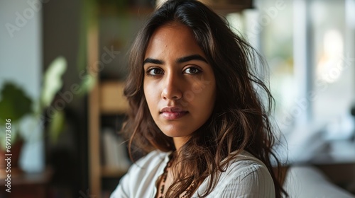 portrait of confident young Indian woman renter or tenant pose in modern own new apartment or house. Profile picture of millennial mixed race female look at camera