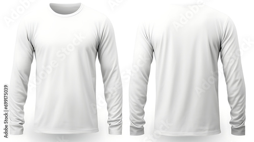 White long sleeve t-shirt isolated on white background, front and back design for mock up template copy space print design. Generative Ai