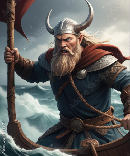 Illustration of Njord steering a Viking longship through a tumultuous sea Gen AI