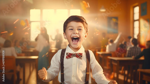Young and cute boy student, little male child wearing a white shirt with a bow, screaming from happiness in a classroom. Last day of school concept, summer holiday, finished education