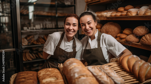 Two baker womans one of with amputated arm around breads and pastries in the bakery shop