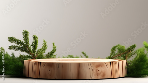 Wood slice podium and green spruce branches on white background. Concept scene stage showcase for new product, promotion sale, banner, presentation, cosmetic. Wooden stand studio empty. Generative Ai