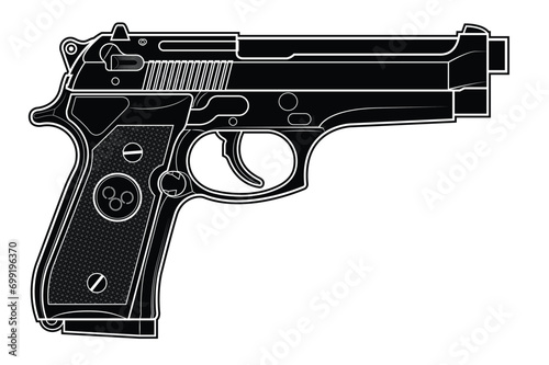 Vector illustration of the Beretta M92 automatic pistol on a white background. Black. Right side.