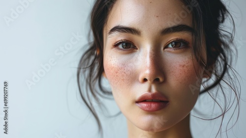 Beauty portrait of young Asian woman on bright white background Beautiful young asian woman with clean fresh skin on white background Facial treatment, Cosmetology, plastic surgery.