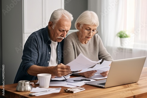 Middle-aged senior couples hold documents, read paper bills, pay bank loans online, calculate pension fees, payments, and taxes, planning family retirement money finances using a laptop at home.