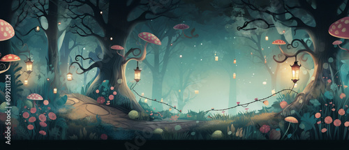 Enchanted whimsical forest scene, fairytale background with magical trees and ethereal light, serene atmosphere.