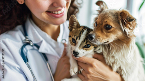 Veterinario posando con animales como perro, gato o loro