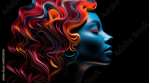 Frauenkopf mit abstrakter bunter Frisur aus harmonischen Wellenformen. Konzept: Warme Farben für innere Ruhe / Farben beeinflussen die Stimmung. Fotorealistische Illustration in Neon-Farben