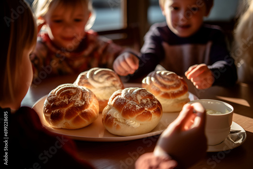 Children at the table with Swedish semla buns with whipped cream