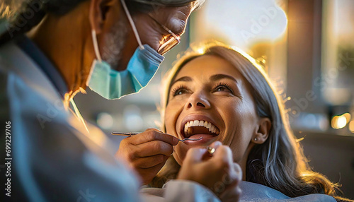 A dentist cares for the teeth of a female patient sitting in the dental chair. 